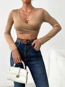 EURMUSE Solid Plunging Neck Wrap Cross Crop Top - Apricot - View 5
