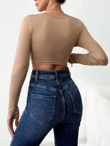 EURMUSE Solid Plunging Neck Wrap Cross Crop Top - Apricot - View 2