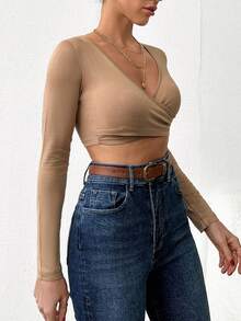 EURMUSE Solid Plunging Neck Wrap Cross Crop Top - Apricot - View 4