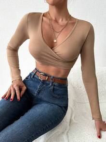 EURMUSE Solid Plunging Neck Wrap Cross Crop Top - Apricot - View 7