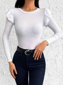 EURMUSE Ruffle Trim Ribbed Knit Tee - White - View 4