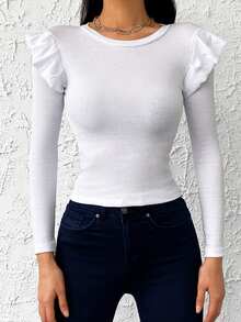 EURMUSE Ruffle Trim Ribbed Knit Tee - White - View 6