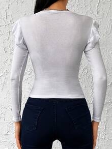 EURMUSE Ruffle Trim Ribbed Knit Tee - White - View 2