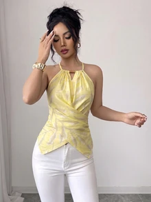 Elenzga 女款夏季優雅通勤休閒杏色葉子印花無袖掛脖領蝴蝶結領口木珠裝飾不對稱下擺腰部交叉綁帶修身收腰背心 - 彩色 - 查看 3