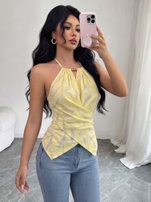 Elenzga 女款夏季優雅通勤休閒杏色葉子印花無袖掛脖領蝴蝶結領口木珠裝飾不對稱下擺腰部交叉綁帶修身收腰背心 - 彩色 - 查看 4