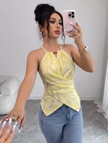 Elenzga 女款夏季優雅通勤休閒杏色葉子印花無袖掛脖領蝴蝶結領口木珠裝飾不對稱下擺腰部交叉綁帶修身收腰背心 - 彩色 - 查看 5