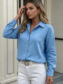 EURMUSE Women's Linen Look Long Sleeve Casual Elegant Shirt, Spring Summer - Baby Blue - View 7