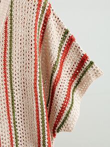 Lacomfia Plus Size Colorblock Striped Short Sleeve Hollow Knit Sweater - Khaki - View 5