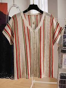 Lacomfia Plus Size Colorblock Striped Short Sleeve Hollow Knit Sweater - Khaki - View 3