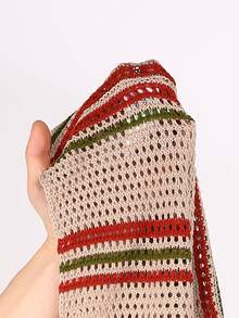 Lacomfia Plus Size Colorblock Striped Short Sleeve Hollow Knit Sweater - Khaki - View 7