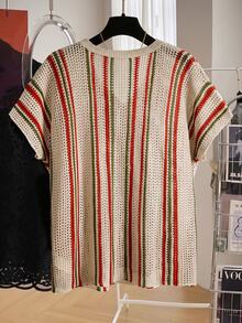 Lacomfia Plus Size Colorblock Striped Short Sleeve Hollow Knit Sweater - Khaki - View 2