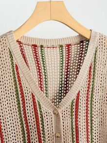 Lacomfia Plus Size Colorblock Striped Short Sleeve Hollow Knit Sweater - Khaki - View 6