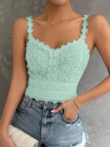 SHEIN Clasi 夏季優雅素色蕾絲細肩帶背心 - 青碧色 - 查看 7