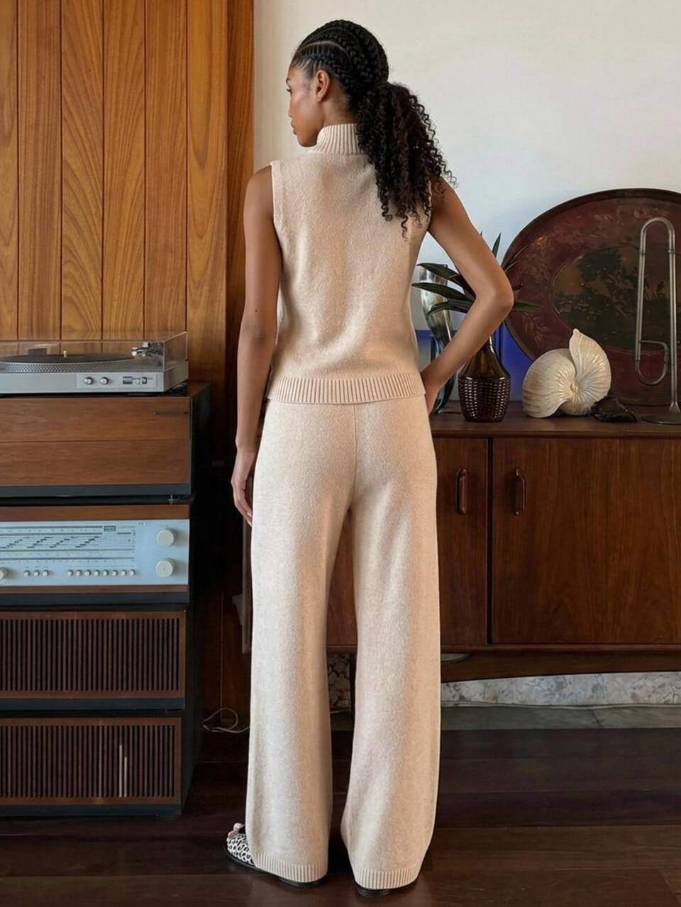 Women's 2 Pieces Set: Apricot Round Neck Long Sleeve Knit Sweater & High Waist Slim Fit Knit Pants Fall