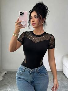 Elenzga Women's Spring/Summer Elegant Charming Black Patchwork Sequin Mesh Round Neck Short Sleeve Fitted Bodysuit - Black - View 6