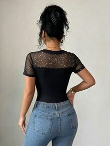 Elenzga Women's Spring/Summer Elegant Charming Black Patchwork Sequin Mesh Round Neck Short Sleeve Fitted Bodysuit - Black - View 2