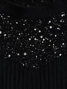 Elenzga Women's Spring/Summer Elegant Charming Black Patchwork Sequin Mesh Round Neck Short Sleeve Fitted Bodysuit - Black - View 3