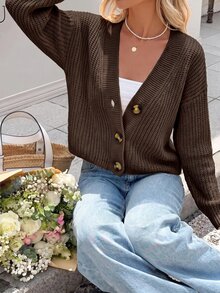 EURMUSE 1pc Women Front Button Long Sleeve Solid Color Casual Simple Top, Daily Wear - Brown - View 7