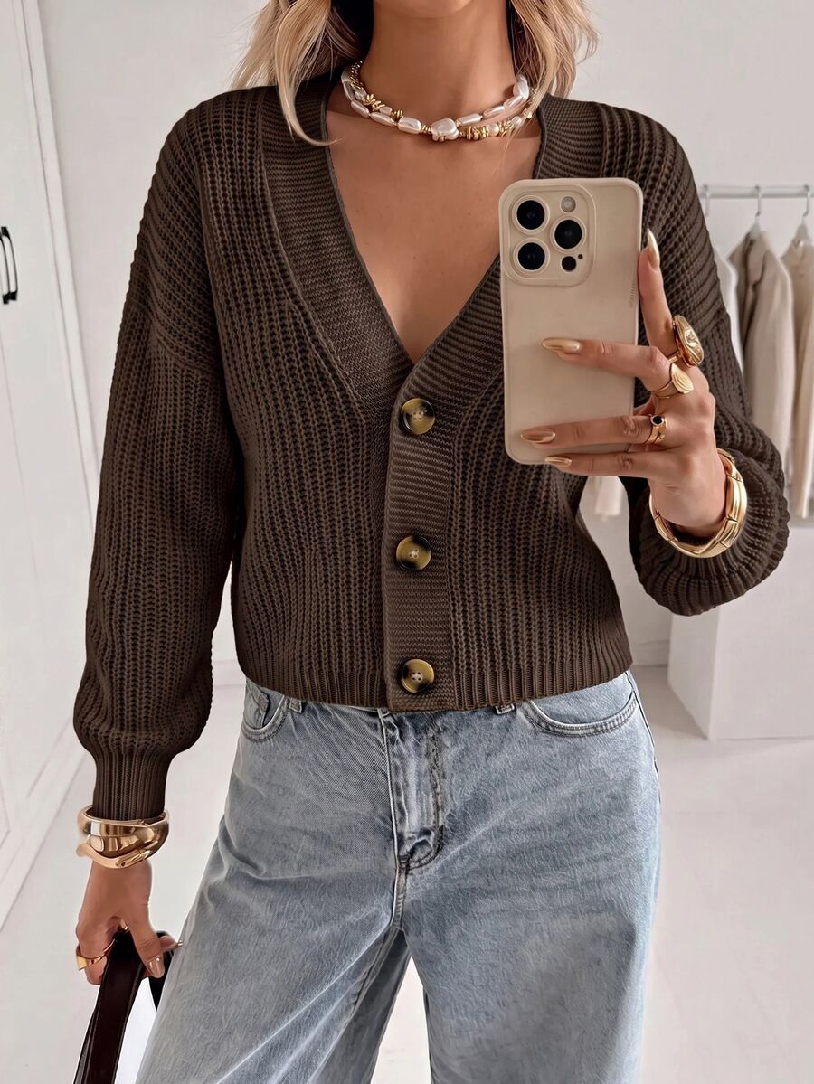 EURMUSE 1pc Women Front Button Long Sleeve Solid Color Casual Simple Top, Daily Wear - Brown - View 1