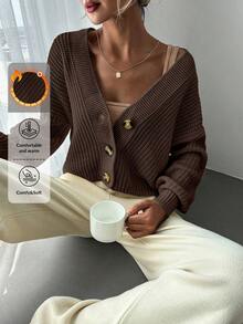 EURMUSE 1pc Women Front Button Long Sleeve Solid Color Casual Simple Top, Daily Wear - Brown - View 5
