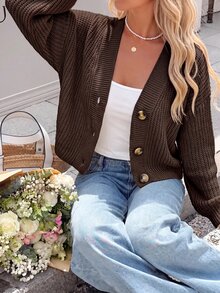 EURMUSE 1pc Women Front Button Long Sleeve Solid Color Casual Simple Top, Daily Wear - Brown - View 6