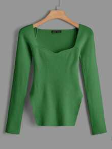 SHEIN Cottnline Slit Hem Ribbed Knit Jumper - Green - View 6