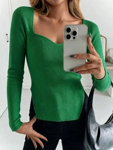 SHEIN Cottnline Slit Hem Ribbed Knit Jumper - Green - View 2