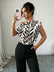 SHEIN Elenzya 女款不對稱領口無袖上衣，露肩優雅通勤襯衫 - 彩色 - 查看 1
