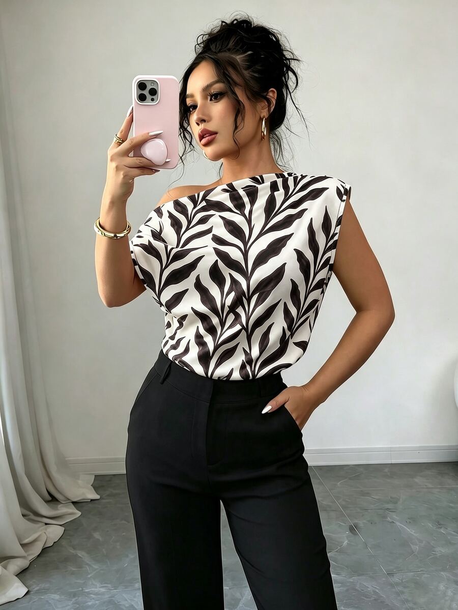 SHEIN Elenzya 女款不對稱領口無袖上衣,露肩優雅通勤襯衫 - 彩色 - 查看 1