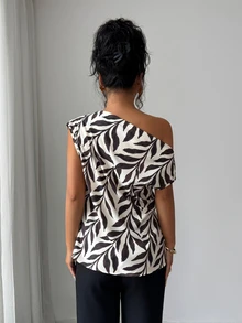 SHEIN Elenzya 女款不對稱領口無袖上衣，露肩優雅通勤襯衫 - 彩色 - 查看 3