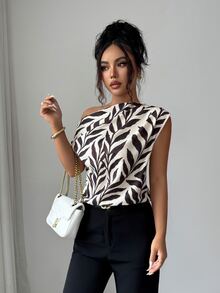 SHEIN Elenzya 女款不對稱領口無袖上衣，露肩優雅通勤襯衫 - 彩色 - 查看 5
