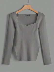 EURMUSE Sweetheart Neck Split Hem Ribbed Knit Sweater - Grey - View 6