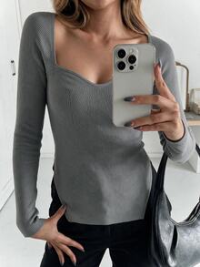 EURMUSE Sweetheart Neck Split Hem Ribbed Knit Sweater - Grey - View 2