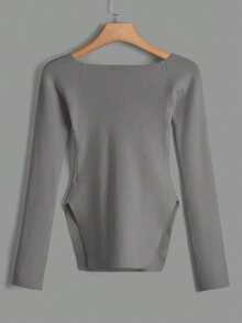 EURMUSE Sweetheart Neck Split Hem Ribbed Knit Sweater - Grey - View 5
