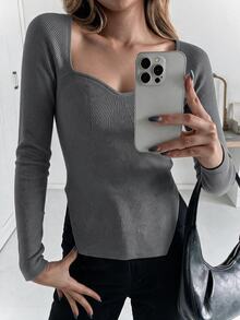 EURMUSE Sweetheart Neck Split Hem Ribbed Knit Sweater - Dark Grey - View 2