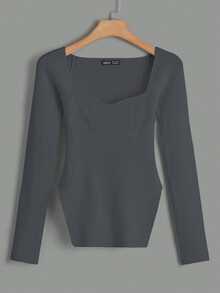EURMUSE Sweetheart Neck Split Hem Ribbed Knit Sweater - Dark Grey - View 6