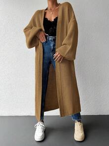 EURMUSE Women's Solid Color Drop Shoulder Cardigan With Open Front Design - Camel - View 8