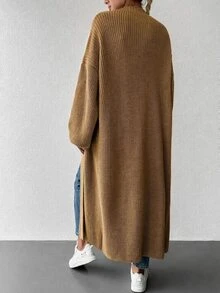 EURMUSE Women's Solid Color Drop Shoulder Cardigan With Open Front Design - Camel - View 2