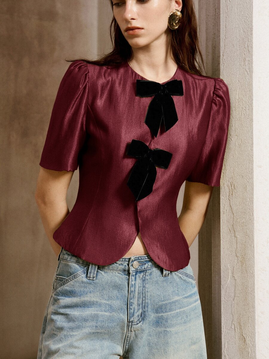 SHEIN 蝴蝶結前襟泡泡袖上衣 - 酒紅色 - 查看 1