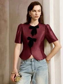 SHEIN 蝴蝶結前襟泡泡袖上衣 - 酒紅色 - 查看 6