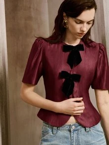 SHEIN 蝴蝶結前襟泡泡袖上衣 - 酒紅色 - 查看 2