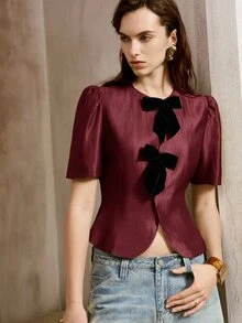 SHEIN 蝴蝶結前襟泡泡袖上衣 - 酒紅色 - 查看 3