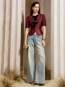 SHEIN 蝴蝶結前襟泡泡袖上衣 - 酒紅色 - 查看 5