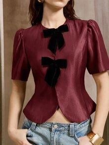 SHEIN 蝴蝶結前襟泡泡袖上衣 - 酒紅色 - 查看 4