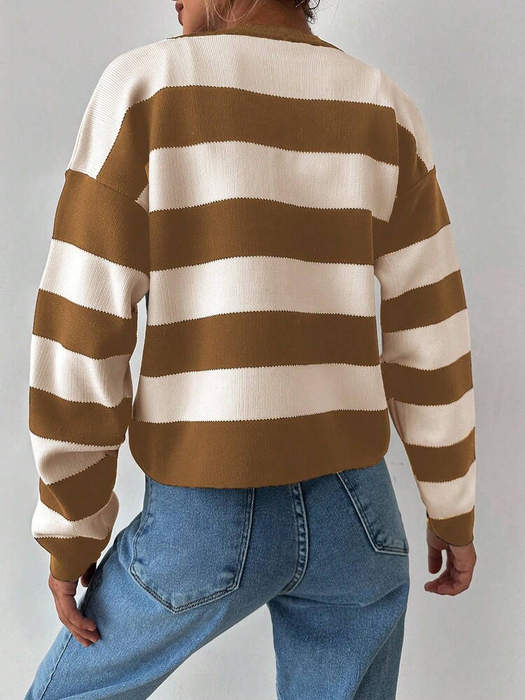EURMUSE Women's Striped Long Sleeve Single-Breasted Casual Cardigan For Autumn/Winter - Camel - View 2