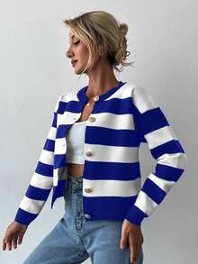 EURMUSE Two Tone Button Front Cardigan - Navy Blue - View 4