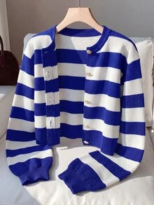 EURMUSE Two Tone Button Front Cardigan - Navy Blue - View 7