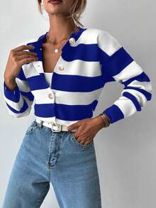 EURMUSE Two Tone Button Front Cardigan - Navy Blue - View 5