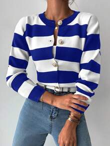 EURMUSE Two Tone Button Front Cardigan - Navy Blue - View 3