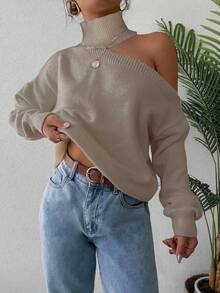EURMUSE Women's High Neck Off-shoulder Solid Color Sweater - Beige - View 3